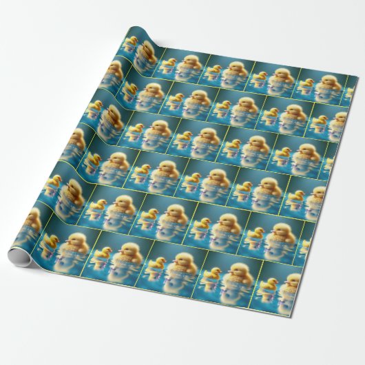 Papier Cadeau Canard jaune avec canard en caoutchouc de jouet (Déroulé)