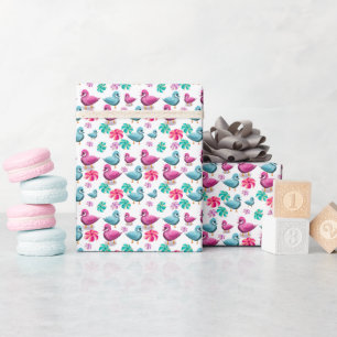 Papier Cadeau Canard mignon motif floral Kawaii rose bleu
