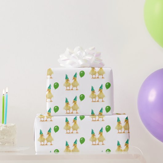 Papier Cadeau Canards d'anniversaire avec ballon vert (Cadeaux de fête)