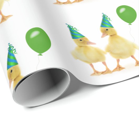 Papier Cadeau Canards d'anniversaire avec ballon vert (Coin rond)