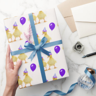Papier Cadeau Canards d'anniversaire avec ballon violet