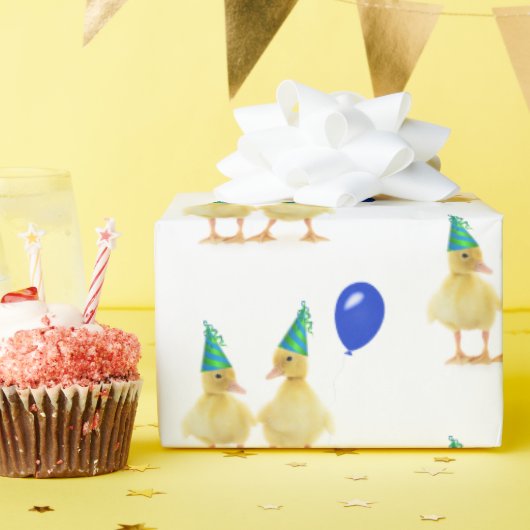 Papier Cadeau Canards d'anniversaire avec ballons bleus (Fête d'anniversaire)