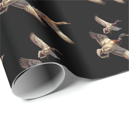 Papier Cadeau Canards Majards Volant Sur Noir (Coin rond)