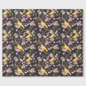 Papier Cadeau Canaries Jaunes Et Fleurs De Cerisiers Enveloppant (Plat)