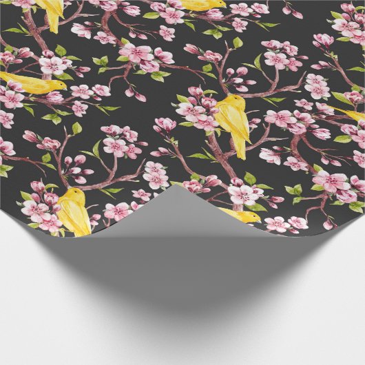 Papier Cadeau Canaries Jaunes Et Fleurs De Cerisiers Enveloppant (Coin)