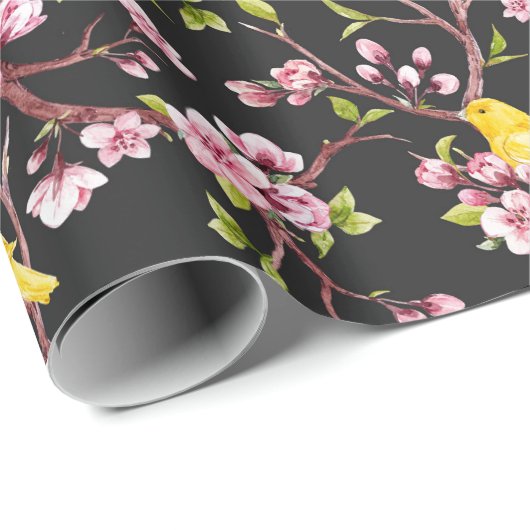 Papier Cadeau Canaries Jaunes Et Fleurs De Cerisiers Enveloppant (Coin rond)