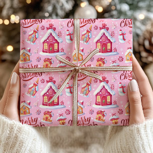 Papier Cadeau Candy Festive Whimsical Rose Joyeux Noël