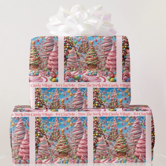 Papier Cadeau Candy Village Ajouter Nom de la fille Noël rose
