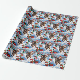 Papier Cadeau Caniche courant dans la neige avec un chapeau de N