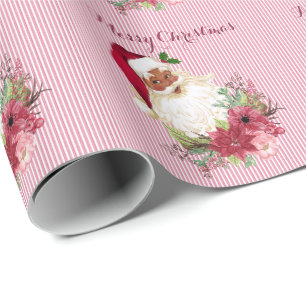 Papier Cadeau Canneberge Floral Noir Père Noël Rayé Poinsettia