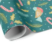 Papier Cadeau Canneberges en canne Houx Branches d'arbres Oiseau (Coin rond)