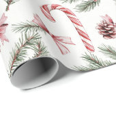 Papier Cadeau Canneberges Rouges Blanches Noël Cônes de Pin (Coin rond)