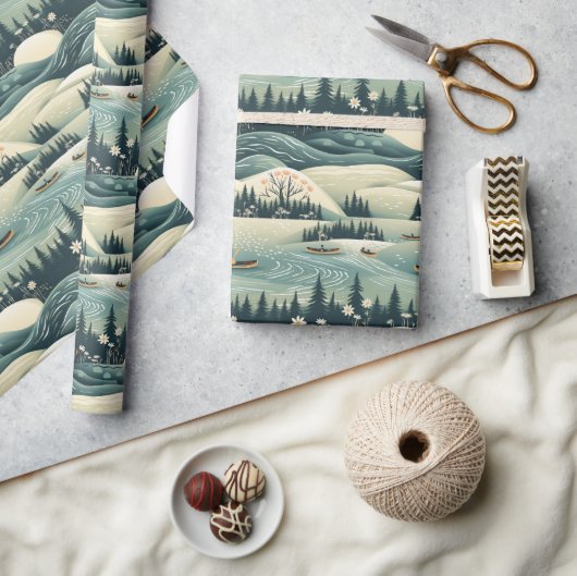 Papier Cadeau Canoë Voyage et rivière Flux Plumes Design Motif (Artisanat)
