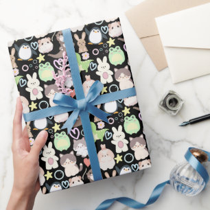 Papier Cadeau Caractères de dessin mignon motif Black BG