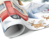 Papier Cadeau Caravane de Noël, Neige, Cerf (Coin rond)
