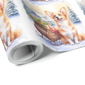 Papier Cadeau Cardigan Welsh Corgi Festive Sleigh Christmas Art (Coin rond)