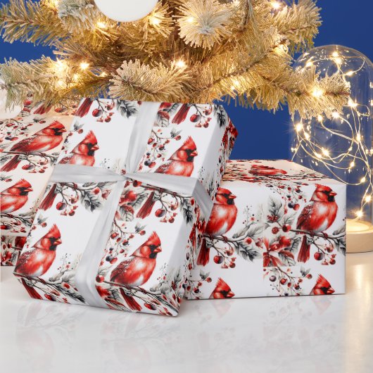 Papier Cadeau Cardinal rouge aquarelle sur la Branche du Berry (Vacances)