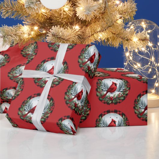 Papier Cadeau Cardinal rouge avec baies de houx (Vacances)