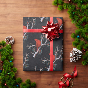 Papier Cadeau Cardinal rouge avec baies rouges hivernales