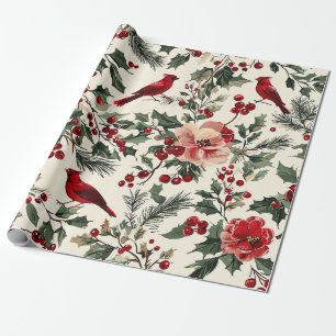 Papier Cadeau Cardinal Rouge Élégant - Botanique d'Hiver Crème