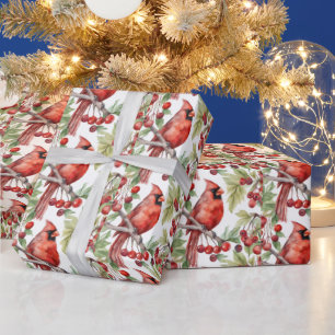 Papier Cadeau Cardinal Rouge et Branche de Berry Rouge Noël