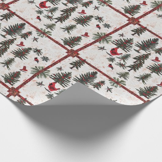Papier Cadeau Cardinal Rouge Motif d'arbre de Noël (Coin)