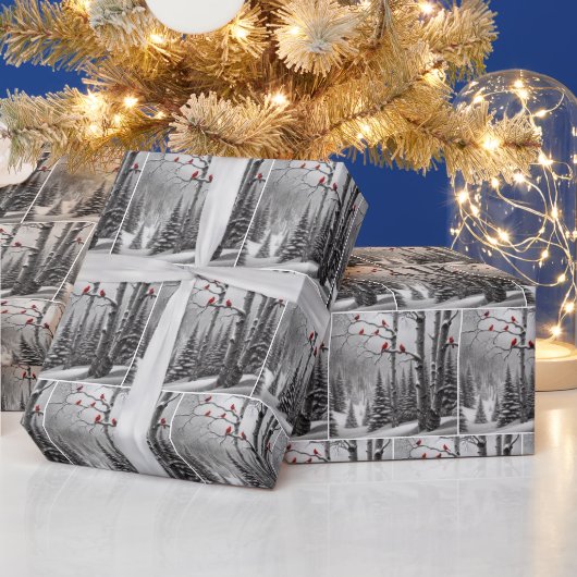 Papier Cadeau Cardinaux de Noël en forêt d'hiver (Vacances)