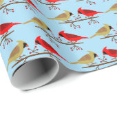 Papier Cadeau Cardinaux de Noël mignons et Baies rouges modélisé (Coin rond)