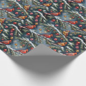 Papier Cadeau Cardinaux De Noël Sur Branches De Neige & Ornement (Coin)