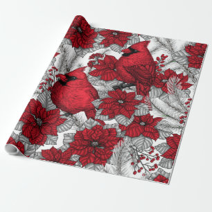 Papier Cadeau Cardinaux et poinsettia en rouge et blanc