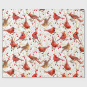 Papier Cadeau Cardinaux neigeux + Bois d'hiver Noël | Blanc (Plat)