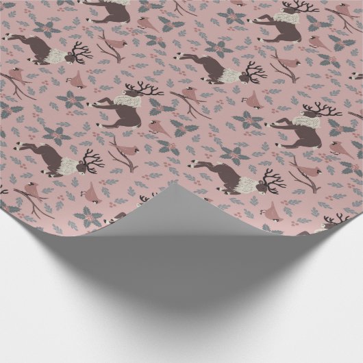 Papier Cadeau Cardinaux roses et rennes (Coin)