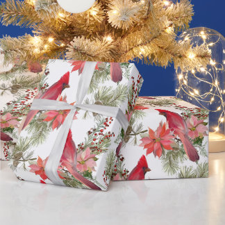 Papier Cadeau Cardinaux rouges, baies et fleurs de Poinsettia