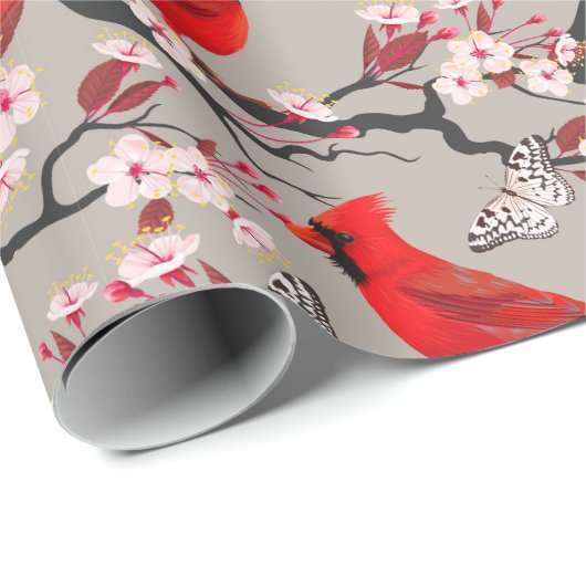 Papier Cadeau Cardinaux rouges en fleurs de cerisiers (Coin rond)