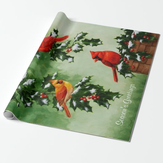 Papier Cadeau Cardinaux rouges et Feuilles holly (Déroulé)