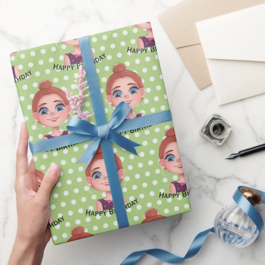 Papier Cadeau Caricature Anniversaire Fille aux grands yeux (Cadeaux)