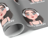 Papier Cadeau Caricature Anniversaire fille avec casque (Coin rond)
