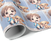 Papier Cadeau Caricature Boy Manger un cône de crème glacée (Coin rond)