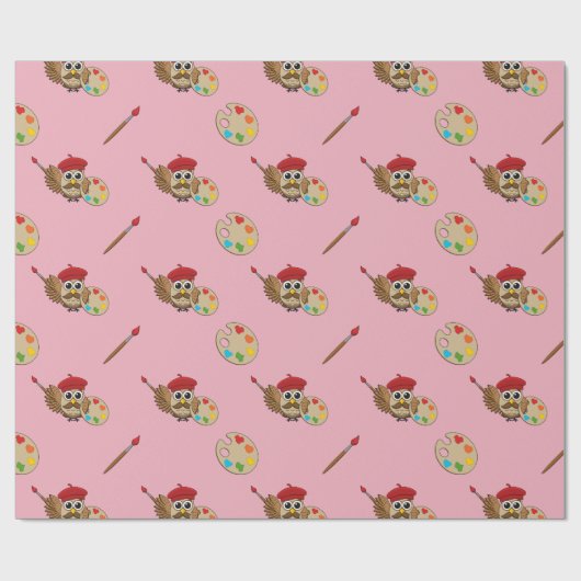 Papier Cadeau Caricature de Chouette Peintre Cute (Plat)