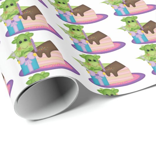 Papier Cadeau Caricature de dragon d'anniversaire papier d'embal (Coin rond)