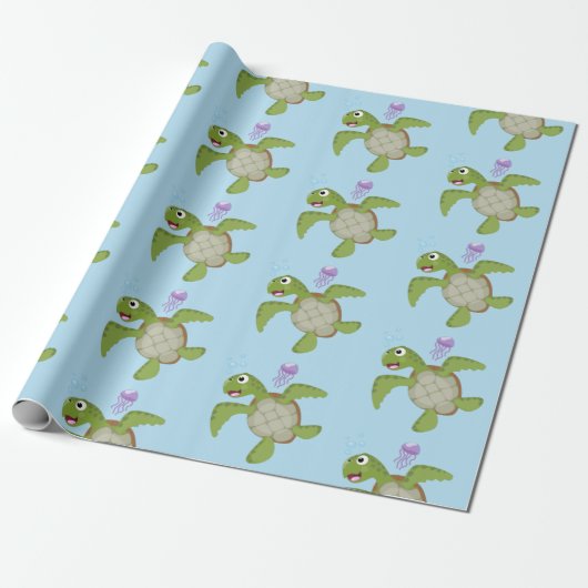 Papier Cadeau Caricature joyeuse de tortue de mer verte mignonne (Déroulé)