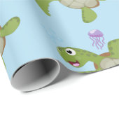 Papier Cadeau Caricature joyeuse de tortue de mer verte mignonne (Coin rond)