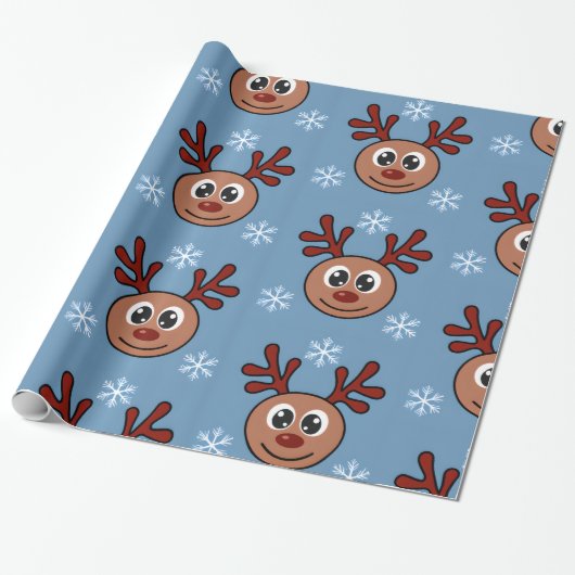 Papier Cadeau Caricature Rudolph Red Nosed Reindeer et Snowflake (Déroulé)