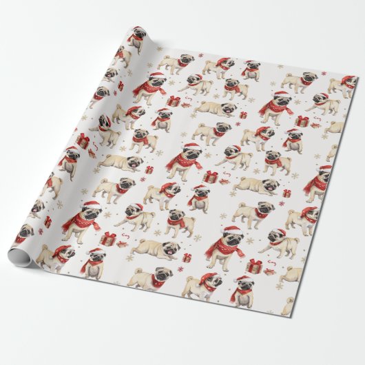 Papier Cadeau Carlin aquarelle Motif Noël (Déroulé)