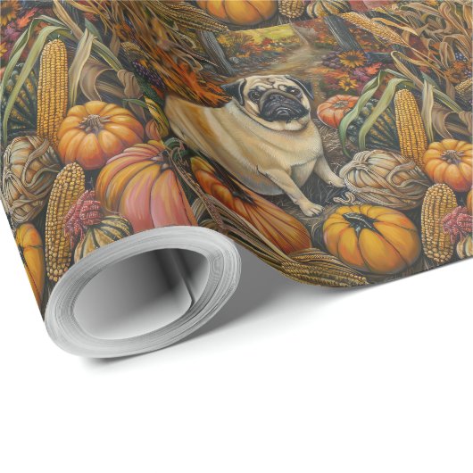 Papier Cadeau Carlin Chien Moisson Automne Thanksgiving (Coin rond)