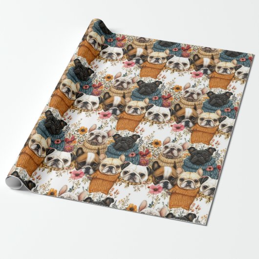 Papier Cadeau Carlin Floral Rustique moderne Chiens Motif (Déroulé)