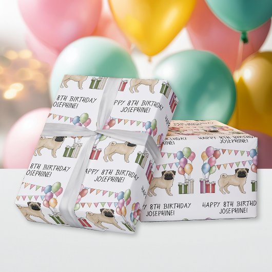 Papier Cadeau Carlin Fun Chien Colorful Pastel Joyeux Anniversai