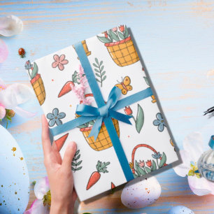 Papier Cadeau Carottes Fleurs Colorées Motif Printemps Pâques
