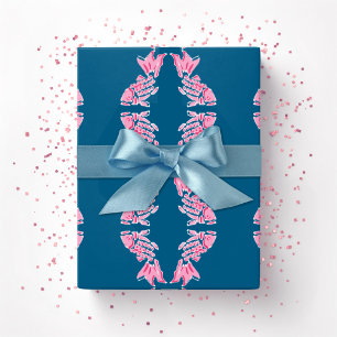 Papier Cadeau Carpe Koï Chinoise Ogee Rose et Aqua Profond