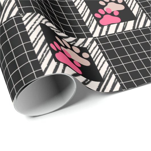 Papier Cadeau Carré noir et blanc avec pattes de chat rose (Coin rond)